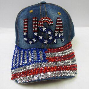 USA Patriotic Bling American Flag Rhinestone Crystal Sparkle Baseball Cap Hat